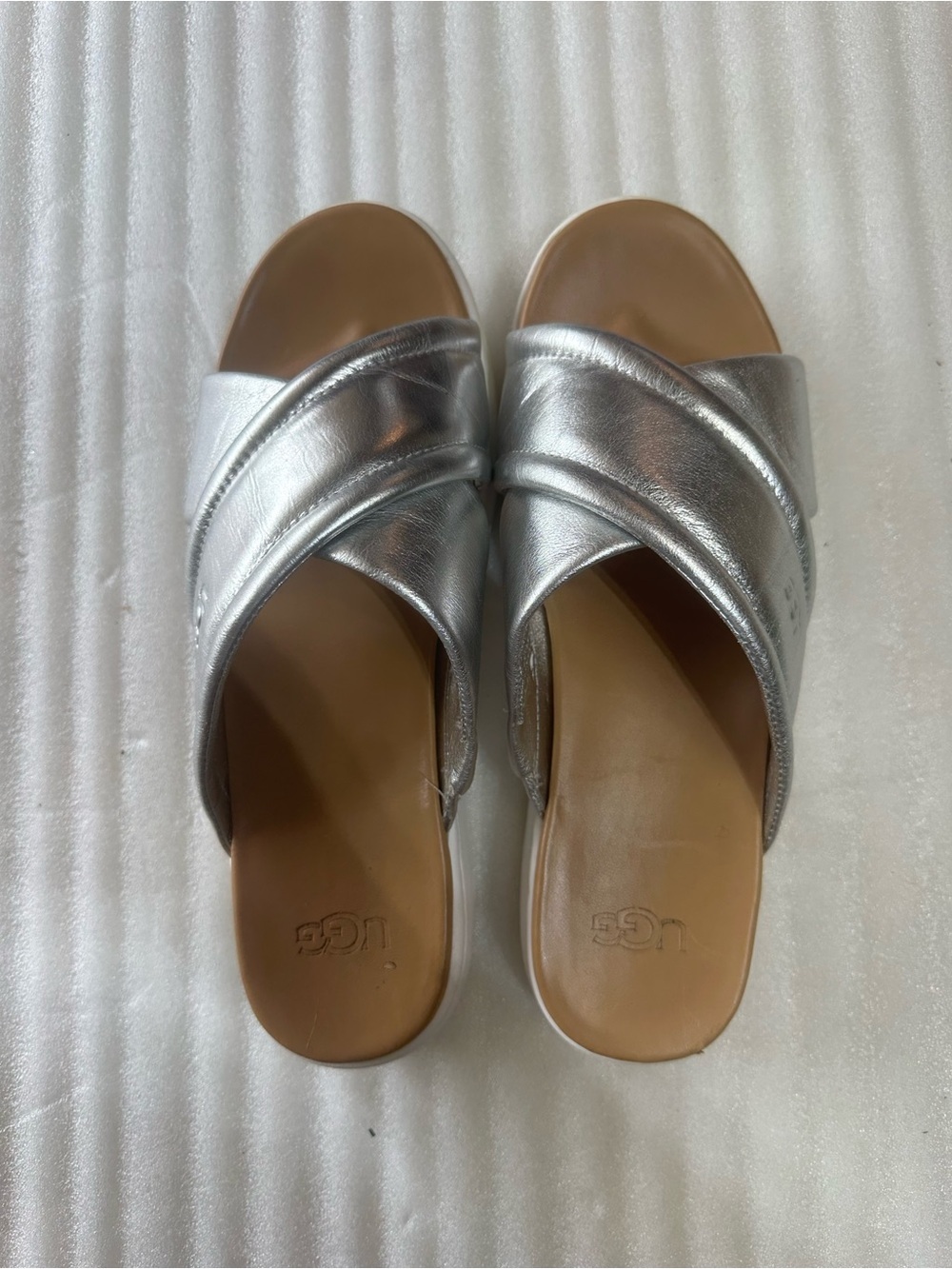 UGG Metallic Silver Crisscross Slide Mules - Women's